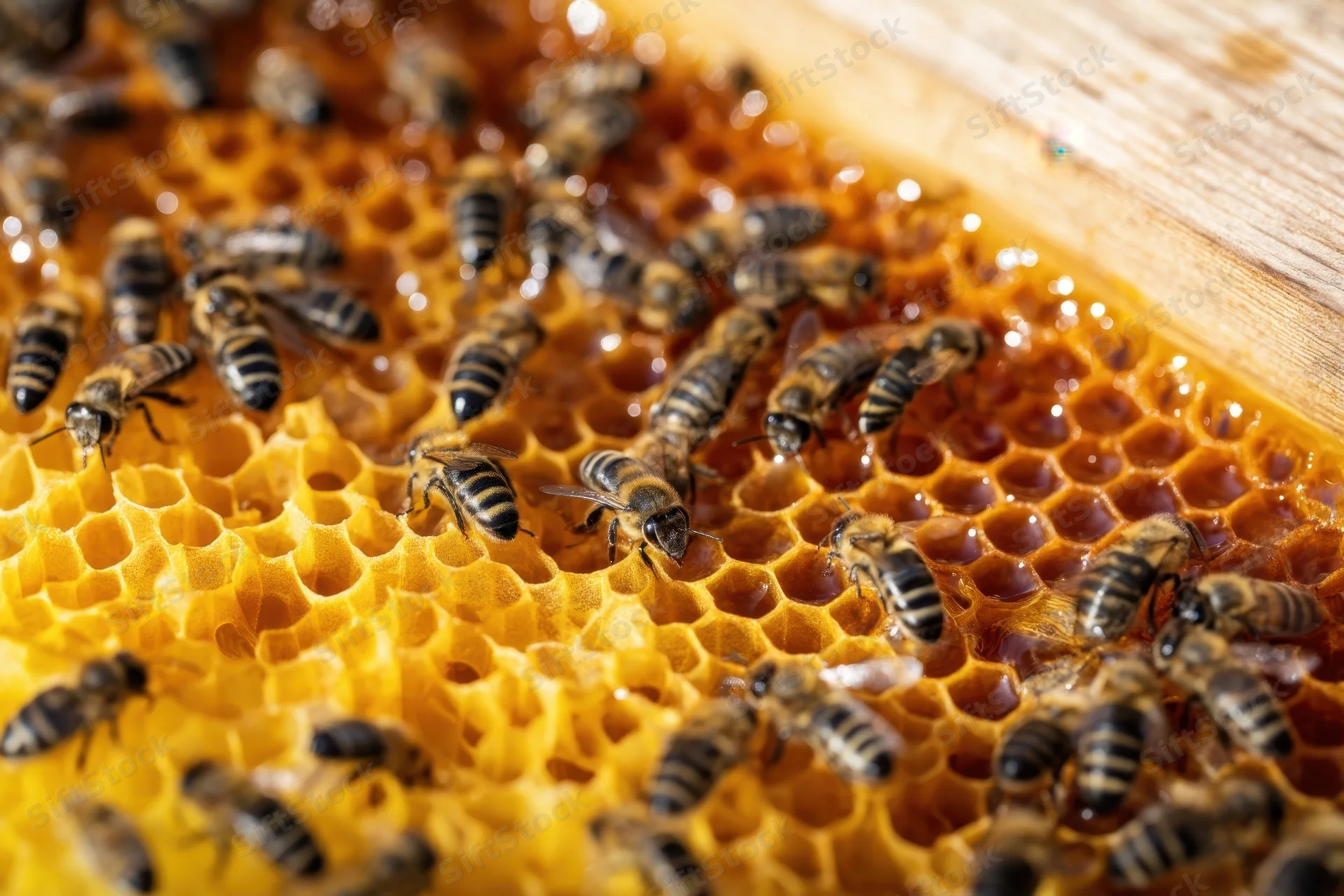 Honeybees crawling on honeycomb cells in a wooden hive frame