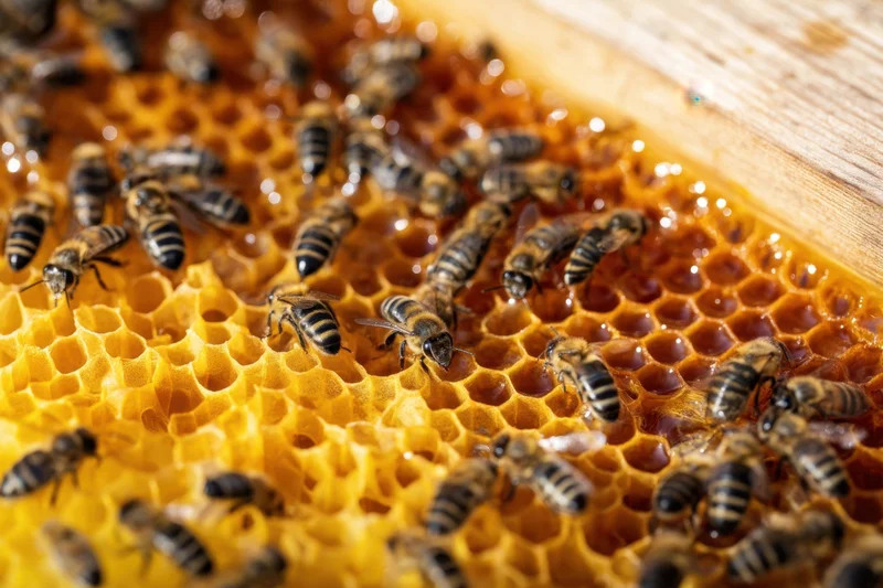 Honeybees crawling on honeycomb cells in a wooden hive frame