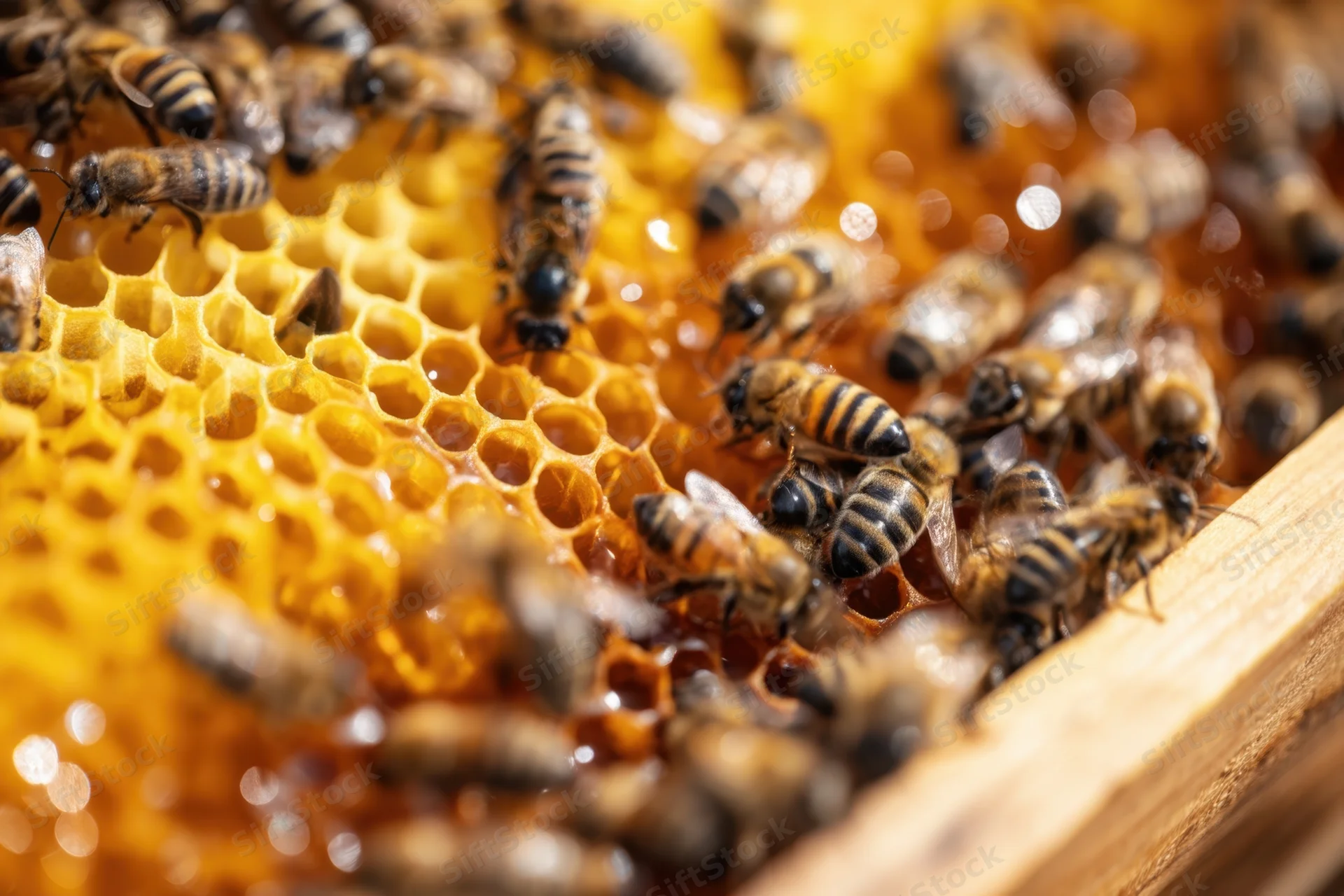 Honeybees crawling on honeycomb cells inside a wooden hive frame