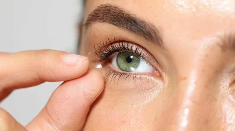 Woman inserting a contact lens into her eye closeup