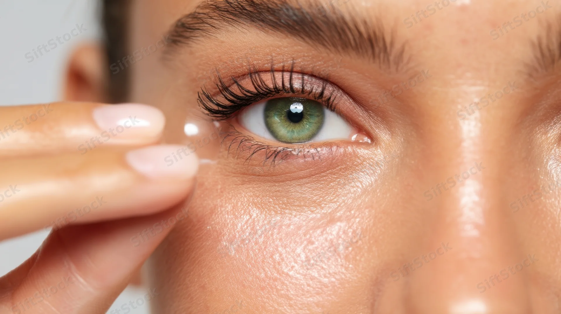 Woman inserting contact lens into her eye in closeup view