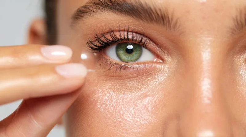 Woman inserting contact lens into her eye in closeup view