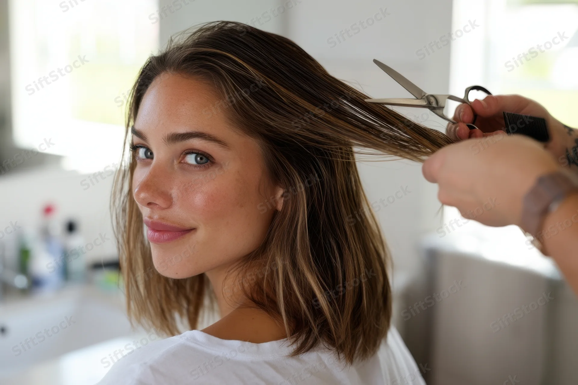 Woman receiving a haircut with scissors in a salon setting