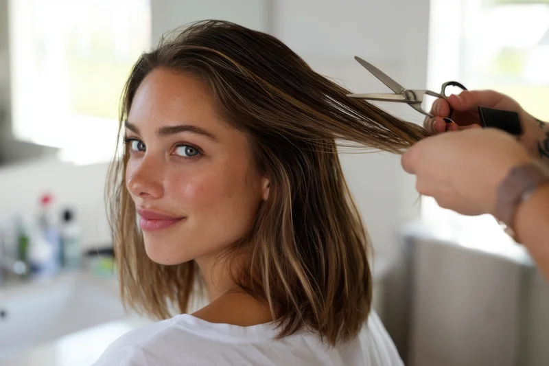 Woman receiving a haircut with scissors in a salon setting