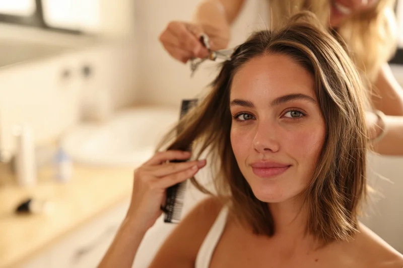 Woman getting haircut in bathroom with stylist using scissors and comb
