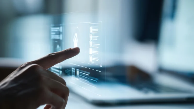 Hand pointing at a holographic digital interface above a laptop in an office setting
