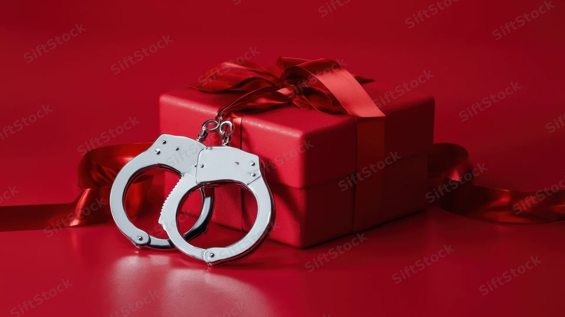 Silver handcuffs resting beside a red gift box with ribbon on a red surface