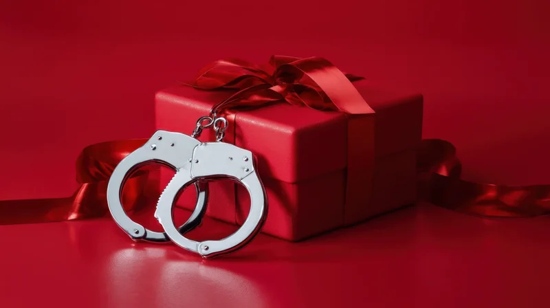 Silver handcuffs resting beside a red gift box with ribbon on a red surface