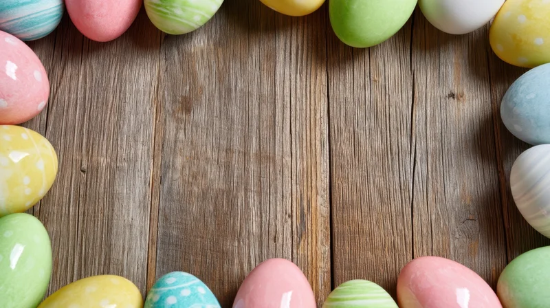 Decorated easter eggs arranged in a frame on a rustic wooden table with copyspace in the center