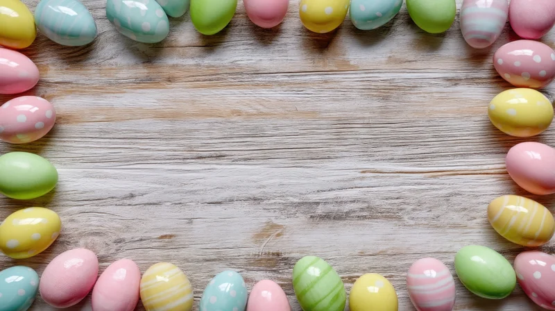 Pastel easter eggs arranged in a frame on a wooden surface with copyspace in the center
