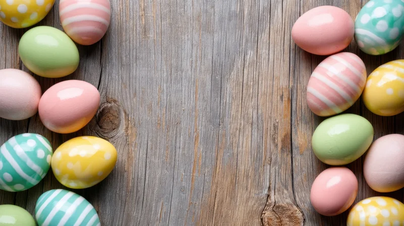 Decorated easter eggs arranged along edges of a rustic wooden table with central copyspace