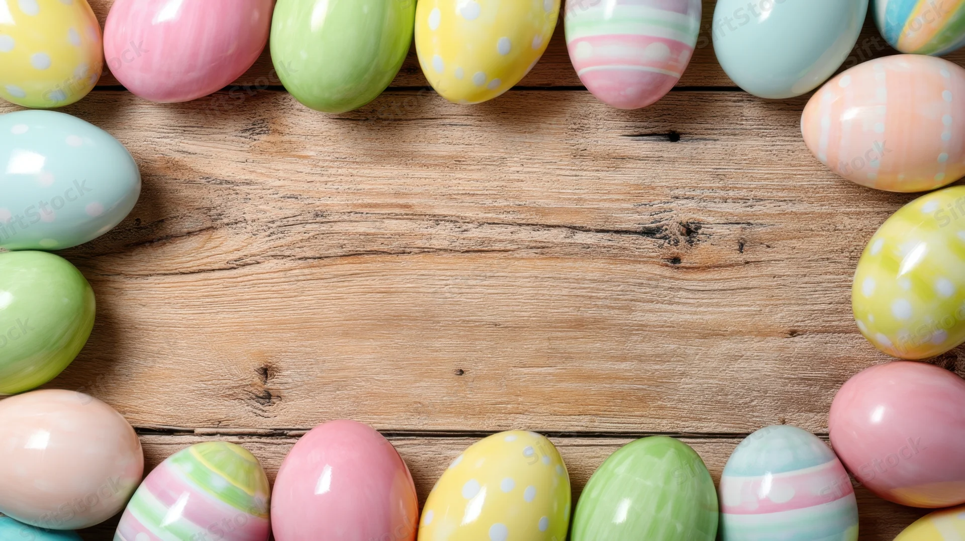 Decorated easter eggs arranged in a frame on a wooden surface with copyspace in the center