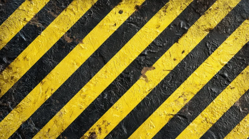 Diagonal yellow and black hazard stripes painted on a worn asphalt surface
