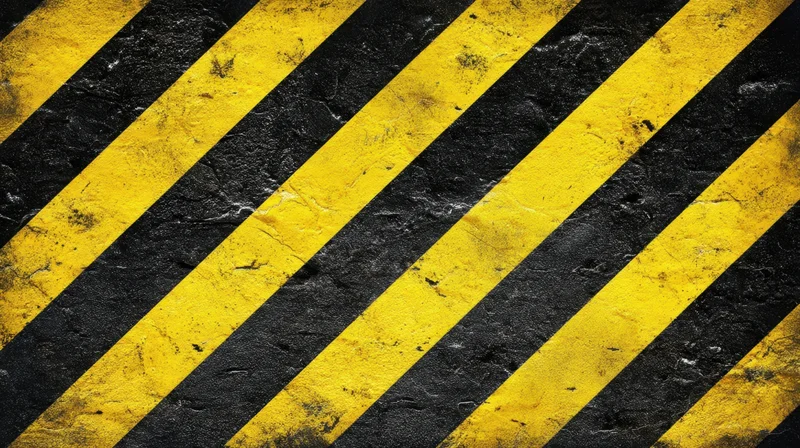 Diagonal yellow and black hazard stripes on a worn asphalt surface