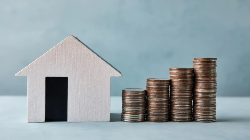 Wooden house model next to stacks of coins arranged in ascending order on a light blue surface