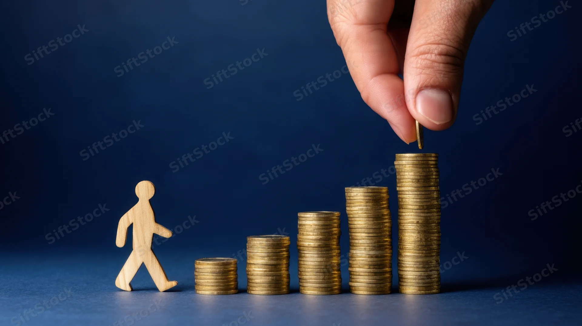 Hand placing coin on growing stack of coins beside wooden figure on blue surface