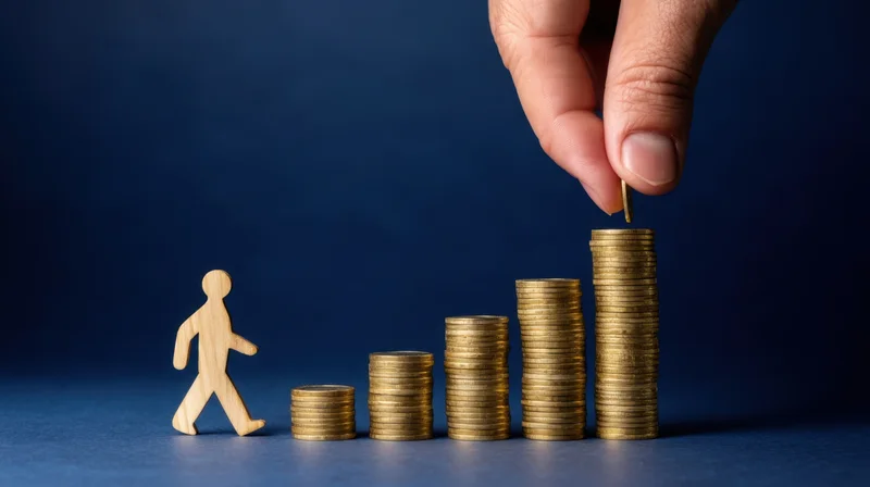 Hand placing coin on growing stack of coins beside wooden figure on blue surface
