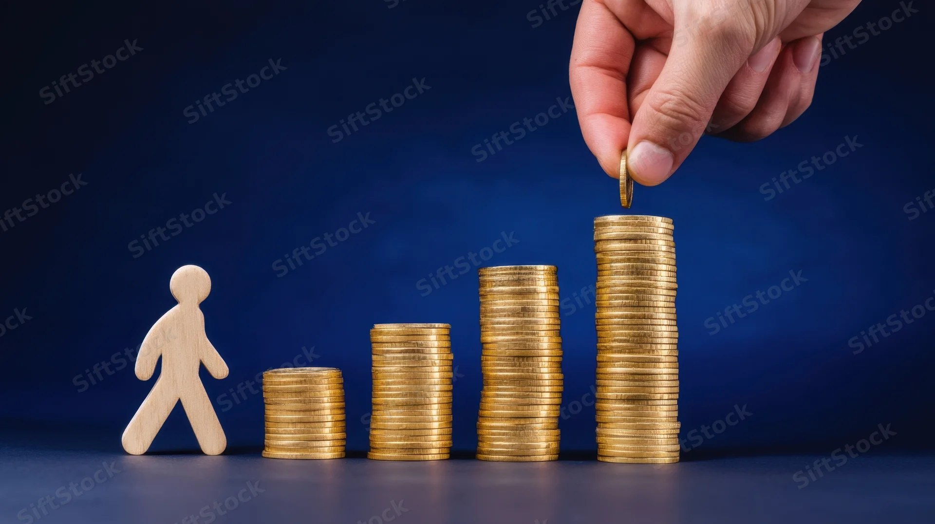 Hand placing coin on tallest stack of coins next to wooden figure on blue background