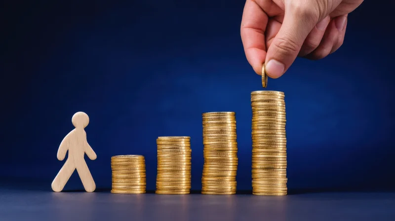 Hand placing coin on tallest stack of coins next to wooden figure on blue background
