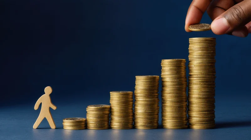 Hand placing coin on growing stack of coins beside wooden figure on blue surface