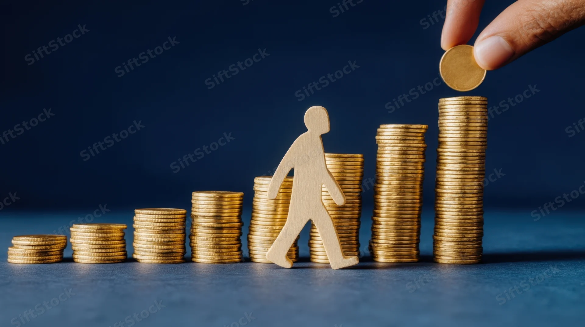 Wooden figure walking across stacks of coins increasing in height with a hand placing a coin on the tallest stack
