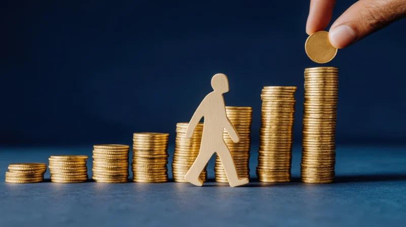 Wooden figure walking across stacks of coins increasing in height with a hand placing a coin on the tallest stack