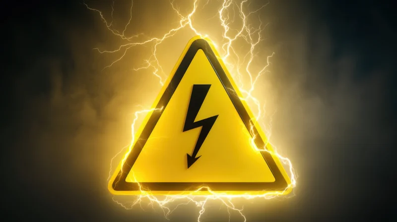 Yellow triangular warning sign with lightning bolt symbol surrounded by electric arcs against dark stormy background