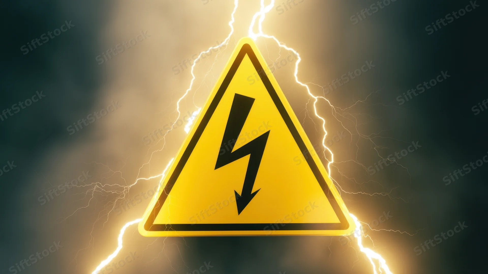 Yellow triangular warning sign with lightning bolt symbol surrounded by electric arcs against a dark stormy background
