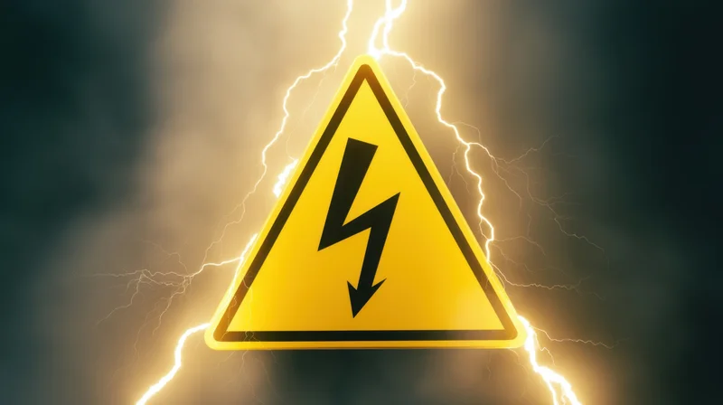 Yellow triangular warning sign with lightning bolt symbol surrounded by electric arcs against a dark stormy background