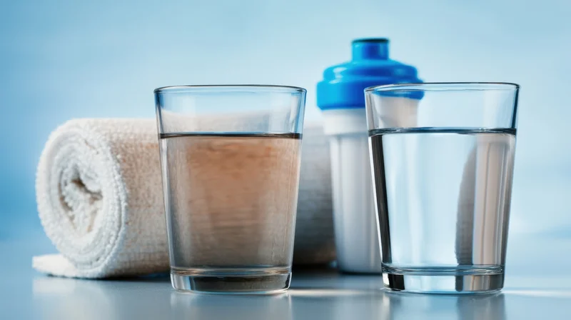 Two glasses with water and a brown liquid on a table beside a rolled white towel and a water bottle