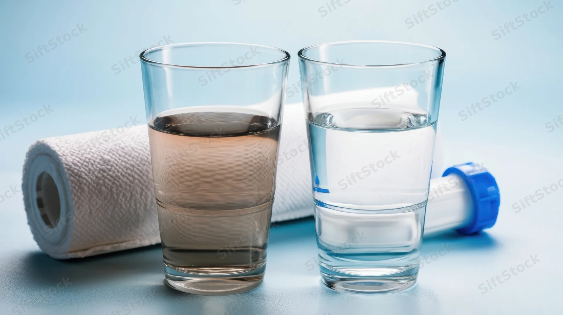 Two glasses of water, one clear and one murky, placed beside a rolled towel and a water filter cartridge on a light blue surface