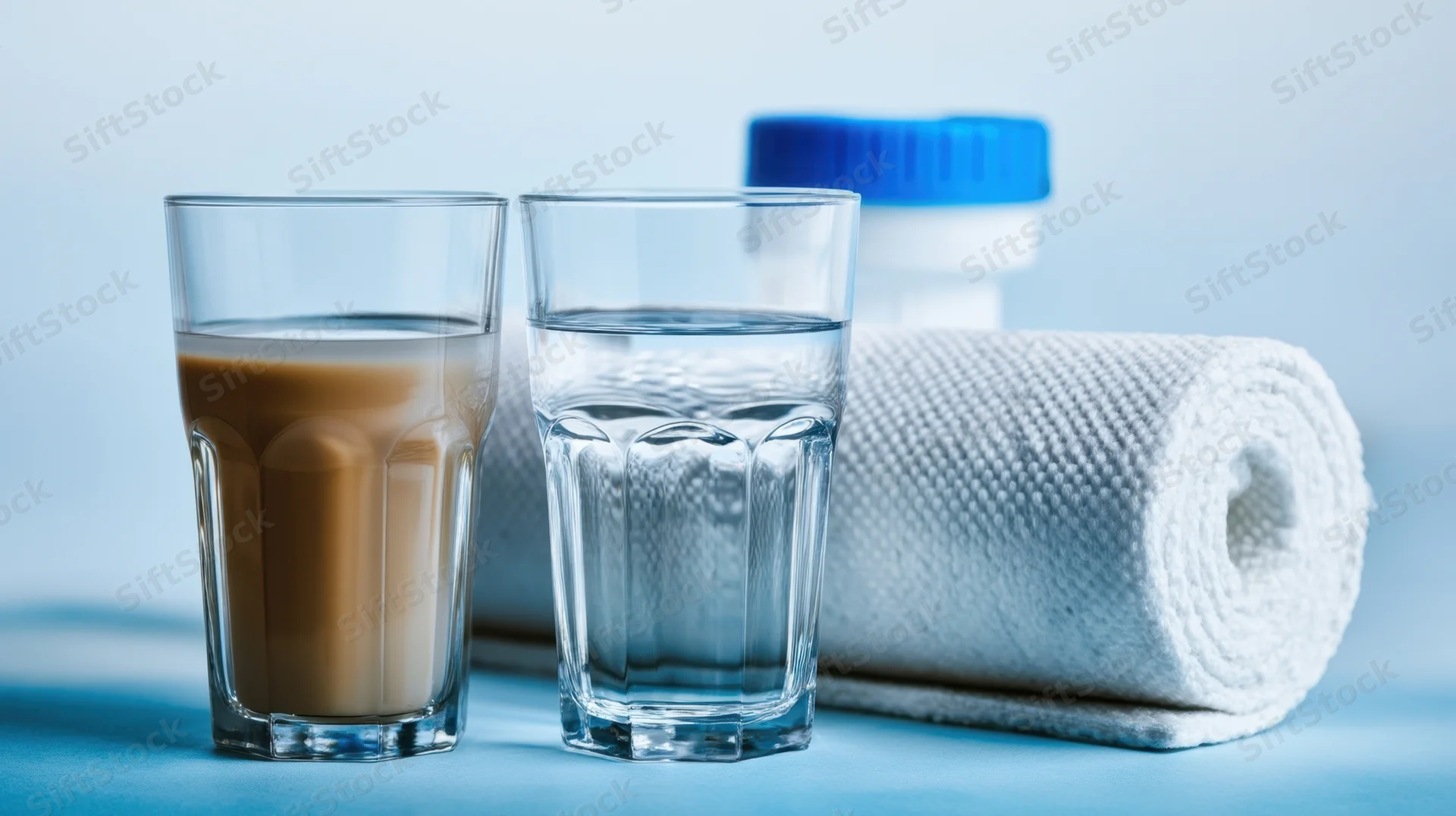 Two glasses of water and coffee with a rolled towel on a blue surface