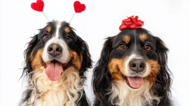 Two bernese mountain dogs wearing heart antennas and a red bow, posing together in a studio setting