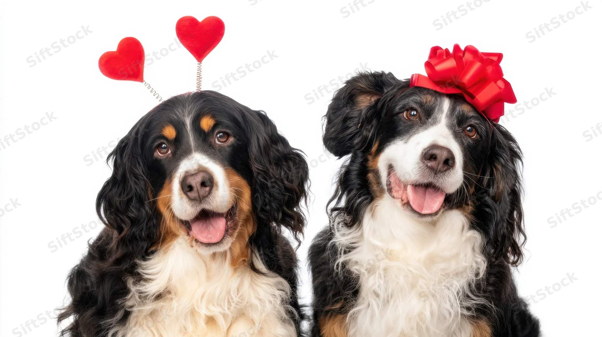 Two dogs wearing heart and bow accessories posing together in studio