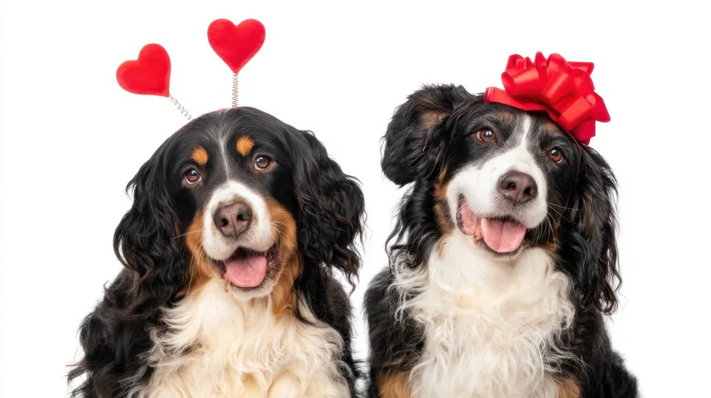 Two dogs wearing heart and bow accessories posing together in studio