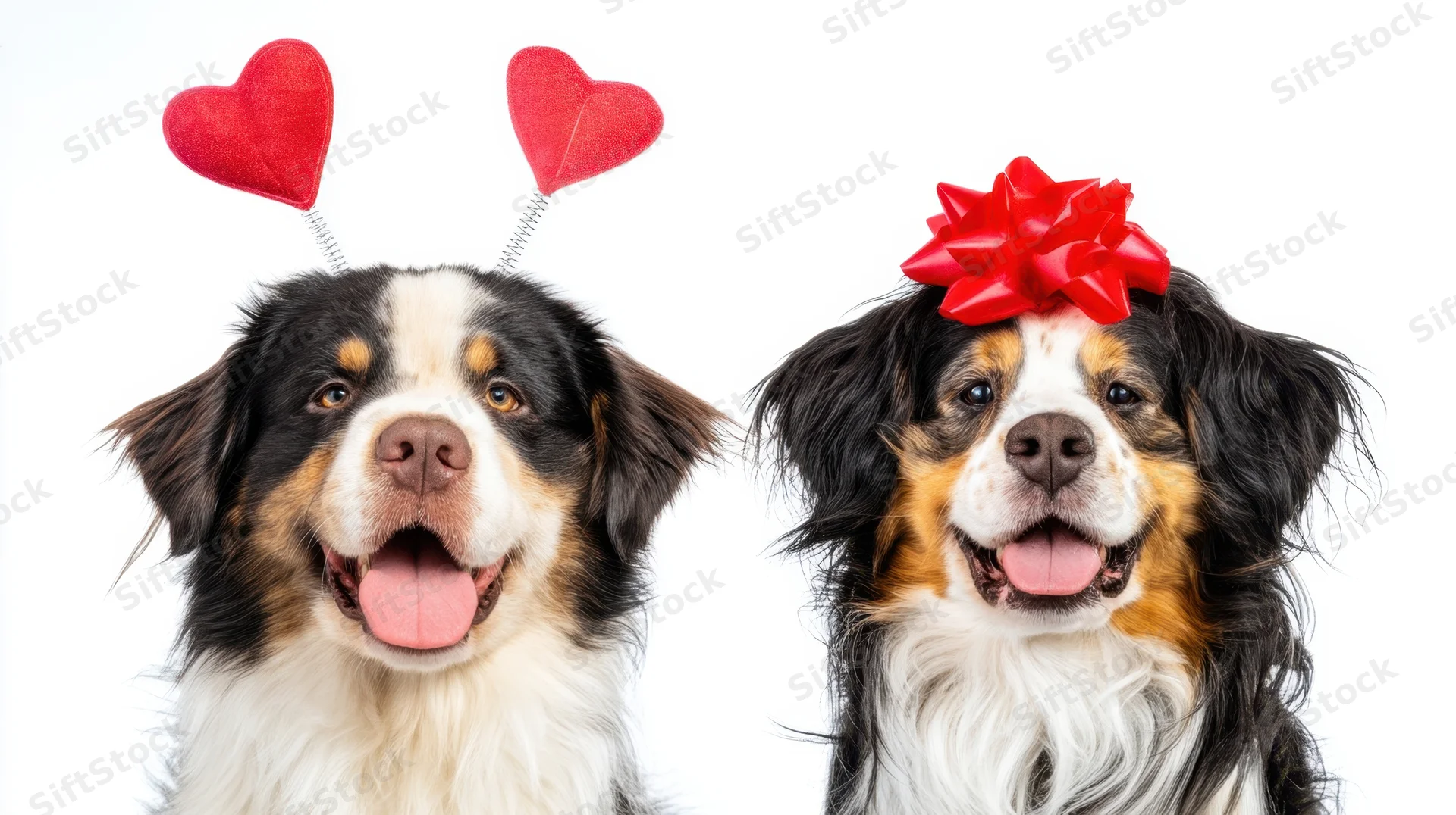 Two dogs wearing heart and bow accessories posing together against white background