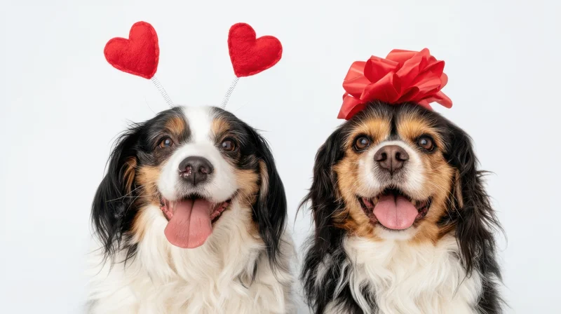 Two dogs wearing heart and bow accessories smiling with tongues out in studio portrait