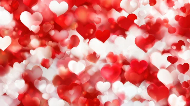 Red and white hearts in soft focus forming a romantic abstract background