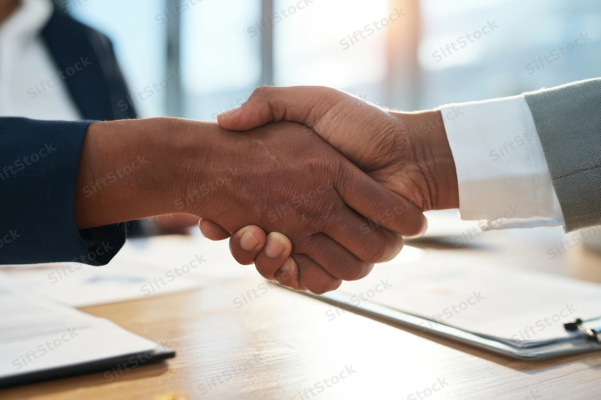 Two professionals shaking hands over a desk in an office meeting