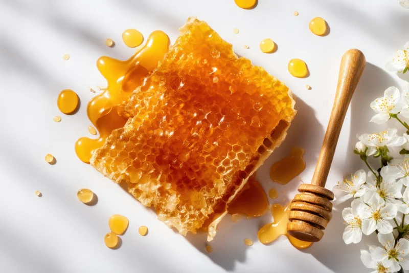 Honeycomb with dripping honey and a wooden dipper beside white blossoms on a white surface