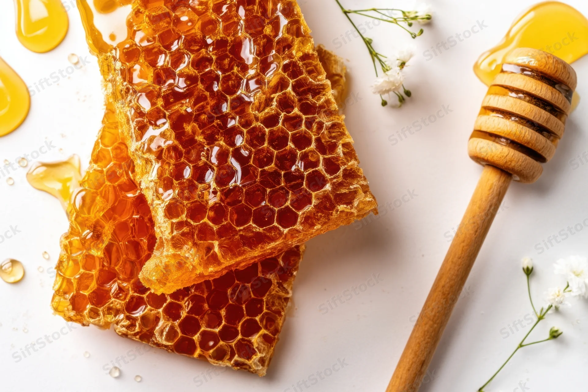 Honeycomb pieces with honey dripping and wooden dipper on white surface