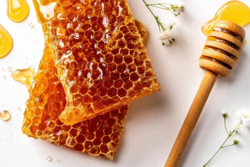 Honeycomb pieces with honey dripping and wooden dipper on white surface