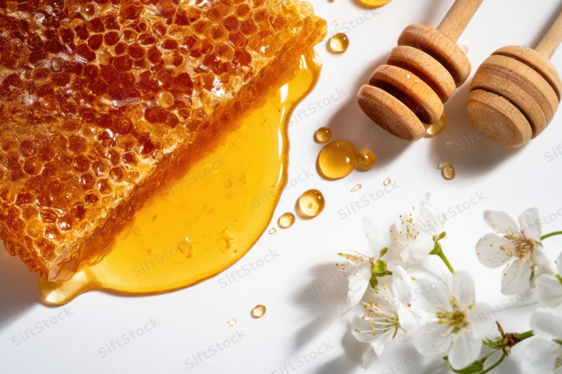 Honeycomb with dripping honey and white blossoms on white surface