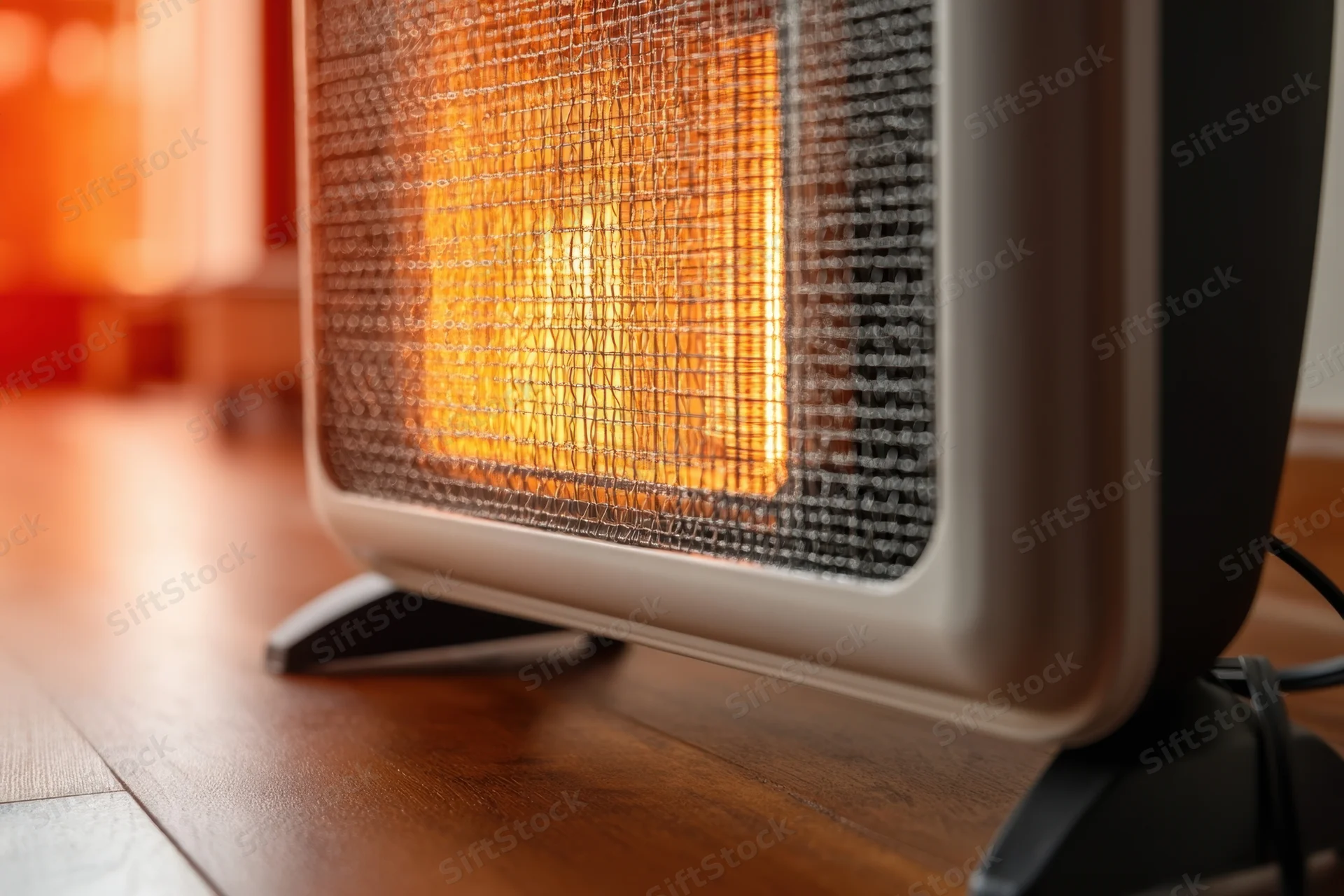 Electric heater glowing with orange light on wooden floor indoors