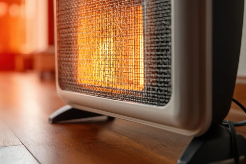Electric heater glowing with orange light on wooden floor indoors