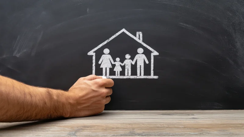 Hand drawing a family inside a house on a blackboard