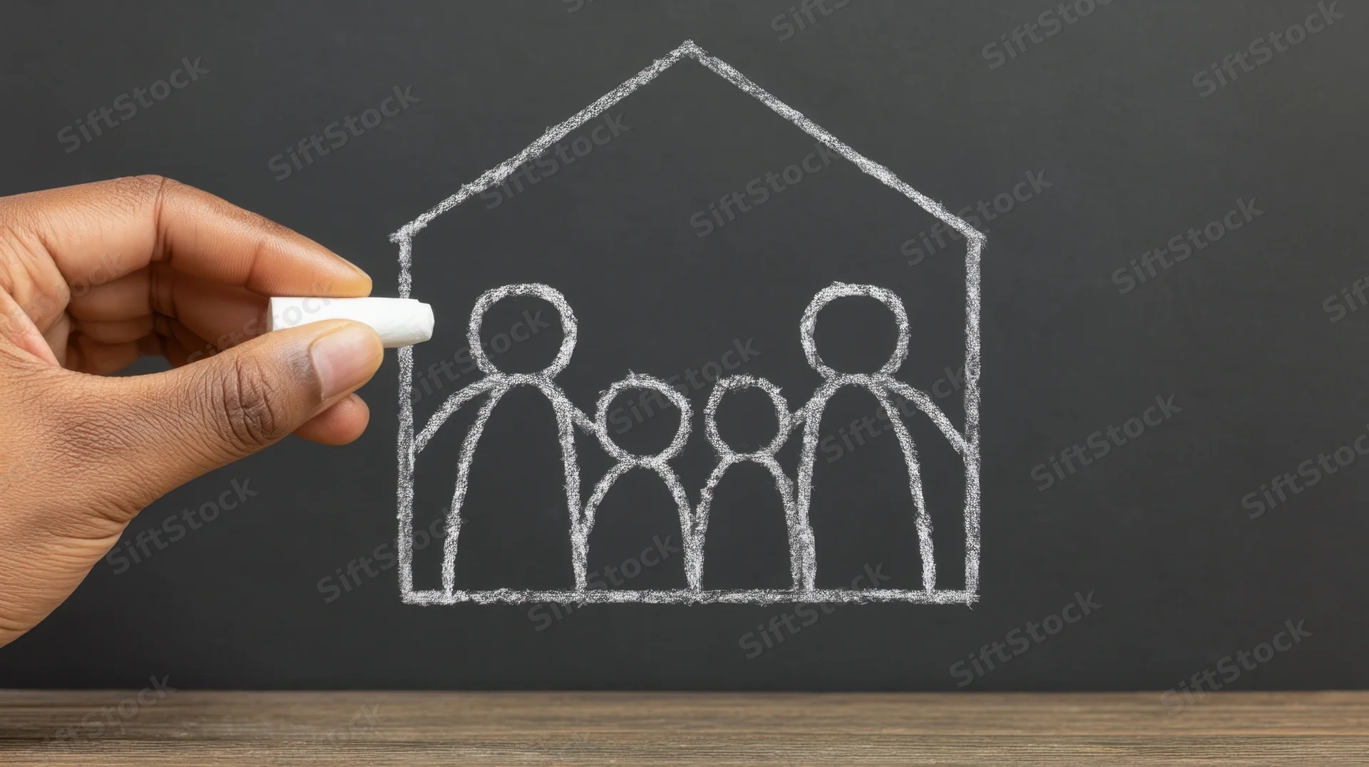 Hand drawing a chalk family inside a house on a blackboard