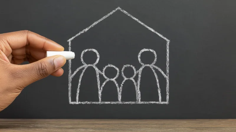 Hand drawing a chalk family inside a house on a blackboard