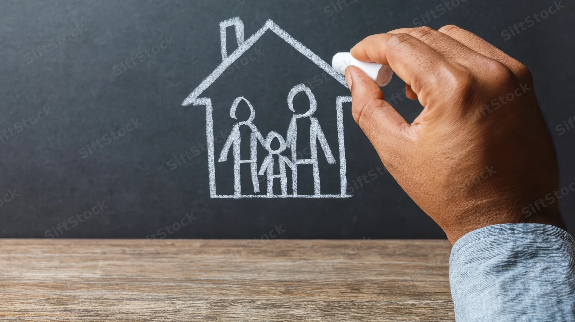 Hand drawing a chalk outline of a house with a family inside on a blackboard above a wooden surface