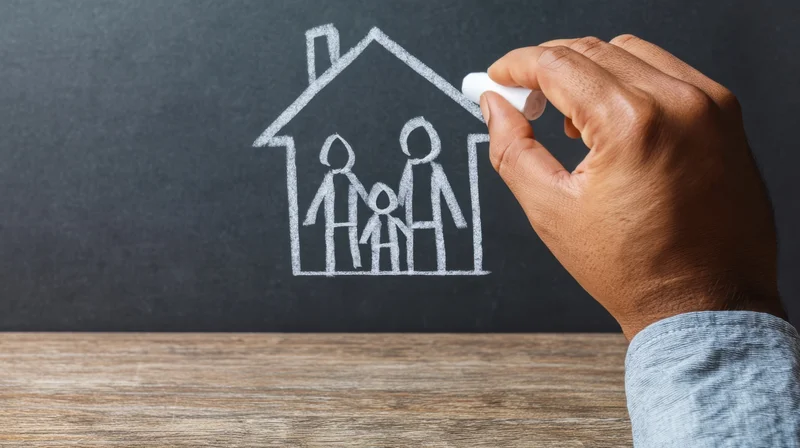 Hand drawing a chalk outline of a house with a family inside on a blackboard above a wooden surface